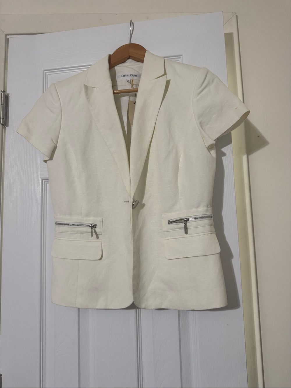 Calvin Klein Cream Short-Sleeve Blazer with Zipper Pockets